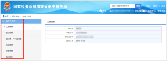 海南省電子稅務局納稅人信息界面